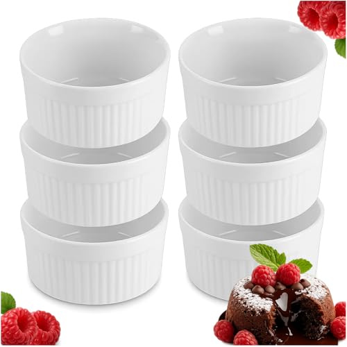 Ruhhy Creme Brulee Schälchen,6-er Set Souffle Förmchen Backofenfest,Ofenfeste Förmchen, Keramik für Ragout Fin Schalen,Muffin,Panna Cotta 200 ml Weiß 25705