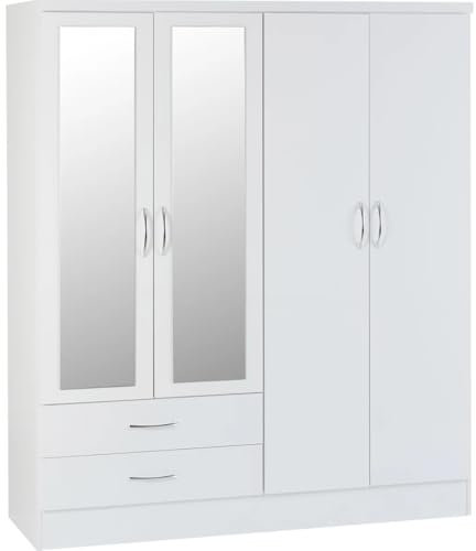 High Gloss White Bedroom Furniture Set - 2 Door Wardrobes & 3 Door/4 Door 2 Drawer With Mirror Wardrobe - Hanging Rail Freestanding & Internal Shelves (4 Door Wardrobe Mirror)