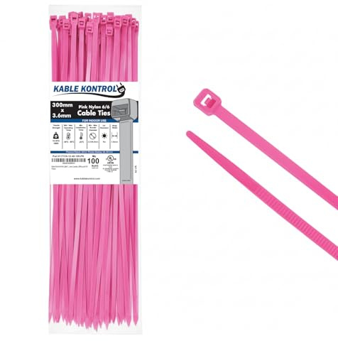 Kable Kontrol Pink Cable Ties, 300 mm x 3.6 mm, Pack of 100, 12 Premium Nylon Zip Ties, Multi-Purpose Plastic Tie Wraps, Secure Self-Locking Mechanism, for Home, Garden, Office and DIY