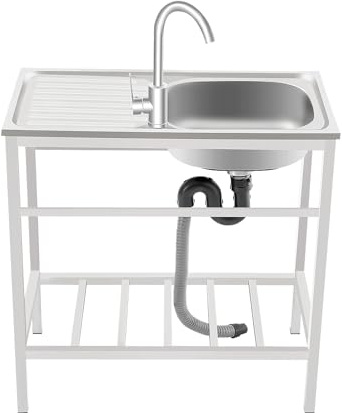 Lavabo de mano de acero inoxidable con encimera y base, apto para cocina, garaje, lavadero y exterior (75 x 40 x 75 cm)