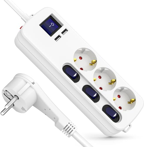 Realmade Steckdosenleiste 3-Fach mit Einzeln Schaltbar mit 3,4A USB | Steckdosenleiste 3M mit 2 USB-A 3,4 A mit Überlastschutz, Mehrfachsteckdose Wandmontage für Wohnzimmer Schlafzimmer Küche