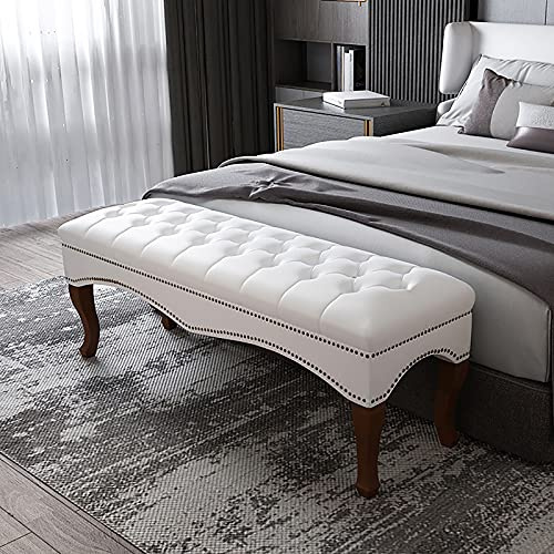 Premium Bettbank aus grünem Leder – moderner gepolsterter Sofasitz mit Massivholzbeinen, multifunktionaler Fußhocker für Schlafzimmer, 60 x 40 x 45 cm