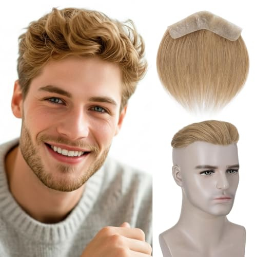 MY-LADY Toupet Herren Stirn-Haaransatz-Toupet für Männer Echthaar, V-Form Front Stirnhaarteil Natürlich, Men's Hairline Toupee Human Hair mit 4x18cm PU Hautbasis 12g Hairpiece(#27 Dunkelblond)