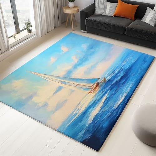 Generisch Teppich Schlafzimmer Hellblau Wohnzimmer Teppich, Waschbar Kurzflor Antirutsch Weiche Teppiche für ür Badezimmer Esszimmer FlurVintage Ölgemälde Von Segelboot Auf Dem Meer 120 x 170 cm