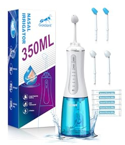 GOLDANT 350ML Neti Pot Sinus Rinse Kit, Nasal Irrigation System with 5 Modes, 4 Nozzles, Cordless Rechargeable, IPX7 Waterproof, Nose Cleaner for Sinus Relief (350ML 40 Salt Packets)