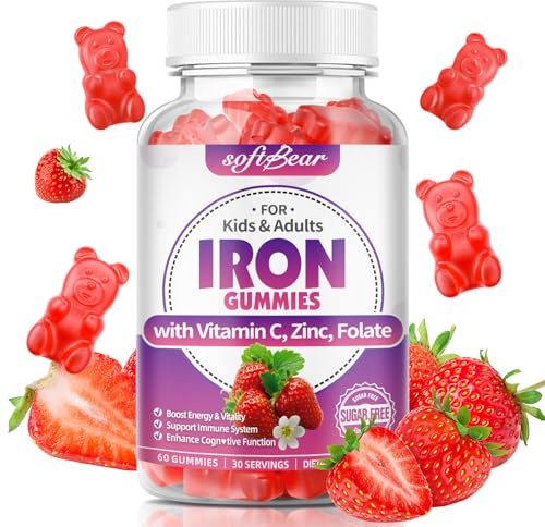 softbear Iron Gummies for Women & Men & Kids, Chewable Iron Supplements with Vitamin C,B3,B5,B6,B12 Supports Immune System, Energy & Vitality, Sugar-Free/Vegan, Strawberry Flavor 60 Count