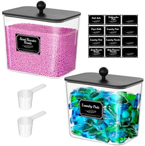 Lifewit 2 st 2700 ml/96 fl oz tvättmedelförvaring för tvättpods med etiketter och sked, tvättmedelförvaringslåda med bambudeksel, tvättmedelslåda för pulverpärlframkallande doftbooster, svart