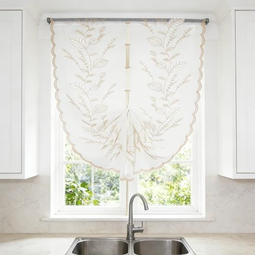 HOMEYA Cortina Cocina Tipo Bando Ajustable, Visillo Bordado Floral Fino, Cortina Corta Media Altura para Ventana, 140x140 cm, Hojas Beige, 1 Pieza