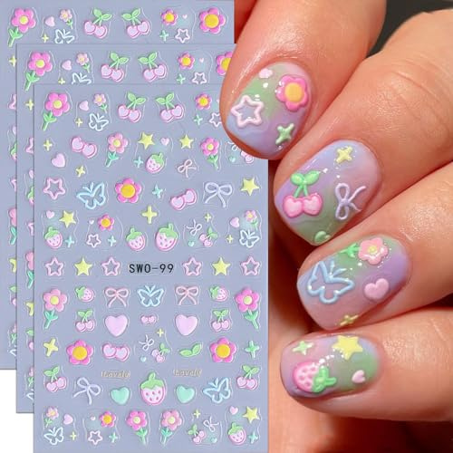 VelvetGlow Blumen Nagelsticker 5D geprägte Blumen-Nagelaufkleber 3Pcs Süße Kirschen, Erdbeeren, Herzen, Sterne Selbstklebende Blumensticker für Nägel Bunte Schleifen, Schmetterlinge