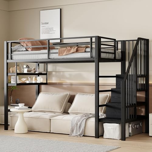 LZPUOUI Våningssäng Hög säng 90 x 200 Svart Ungdomssovrum med Förvaringsstege och hyllor Metalljärn i modern design Platsbesparande för ungdomar och tonåringar