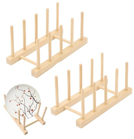 Kinesgsg 2 Piezas Soporte para Platos, Tapas de Ollas Madera, Soporte para Tapa El Lateral Tiene 4 Ranuras, Tablas de Cortar Fácil Des Montar, Estante para Platos, Cuencos, Tazas, Bol, Copa Vino