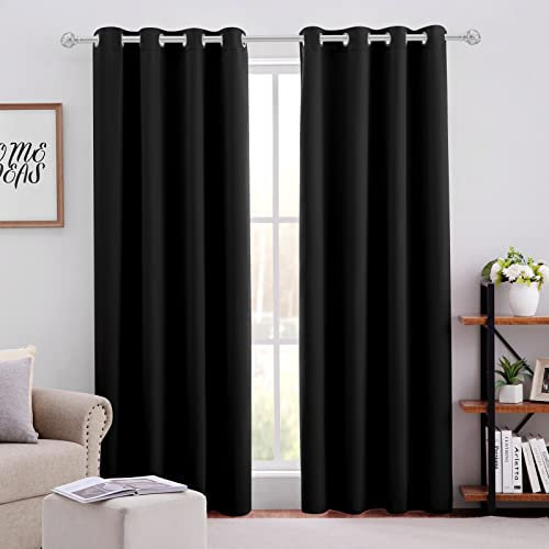 HOMEIDEAS Black Blackout Curtains 2 Panels 52 X 84 Inch Drop Room Darkening Eyelet Curtains for Bedroom Living Room, Thermal Insulated Light Blocking Window Drapes