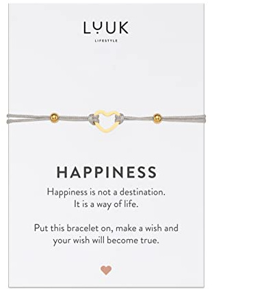 LUUK LIFESTYLE Freundschaftsarmband mit Herz Anhänger und HAPPINESS Karte, Reiseglücksbringer, Geschenkidee für Freundin, Verlobte, Valentinstag, Geburtstag, Damenaccessoire, beige, Hellbraun, Gold