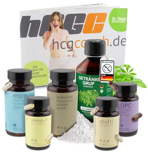 hCGC HCG Stoffwechselkur 21 Tage Basispaket – HCG Diät Set mit Omega 3, OPC, MSM, Vitaminen & Flohsamen Pulver – Stoffwechsel Beschleunigen Abnehmen – mit zuckerfreiem Waldmeister-Sirup