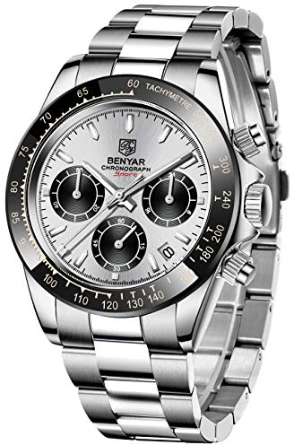 Orologio da uomo BENYAR Orologio con movimento al quarzo Cronografo analogico Business Impermeabile resistente ai graffi Cinturino in acciaio inossidabile Orologio sportivo casual (bianco nero)