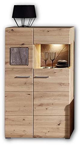 Stella Trading SPIDER PLUS Vitrine in Artisan-Eiche Optik, Caspio - Moderne Glasvitrine inkl. LED-Beleuchtung, 80 x 139 x 37 cm (B/H/T)