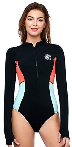 AXESEA Women's Wetsuit One Piece Shorty Wetsuit Eco Friendly Thermal Long Sleeve Front Zipper Diving Suit (Orange, 4)