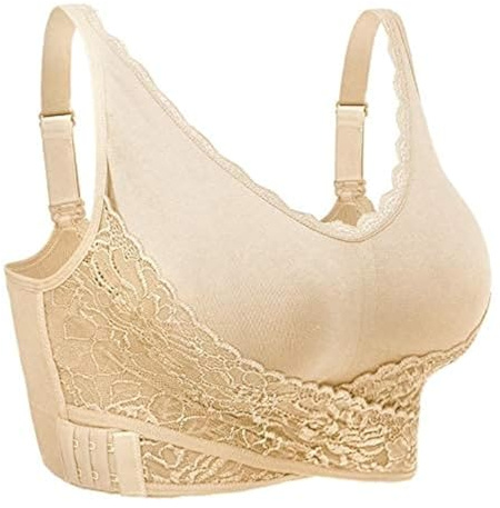 iClosam Womens Sports Bra Front Cross Side Buckle Push Up Bra Sexy V-Neck Lace Bralette Wireless Yoga Running Lounge Bra with Removable Pads M-XXXL Nude