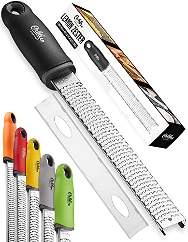 Orblue Rallador de limón y queso – Rallador multifuncional premium para parmesano, jengibre, chocolate, frutas, verduras – Cuchillas de acero inoxidable ultra afiladas con cubierta protectora, negro