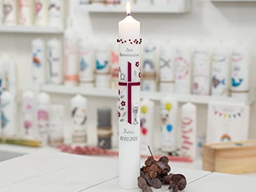meinkerzenshop Kommunionkerz Laura personalisiert mit Name und Datum, individuell und mit Echtwachs handverziert für Junge und Mädchen