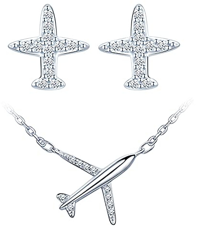 Yumilok collar de mujer pendientes de plata de ley con longitud ajustable aretes con microincrustaciones de aviones, adecuado para regalos de damas