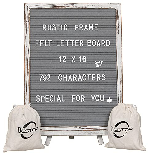 Felt Board With Rustic Vintage Frame and Stand 12x16 Inch, Grey Changeable Message Board Includes 792 Letters, Numbers and Symbols, Hook to Hang, 2 Canvas Bags
