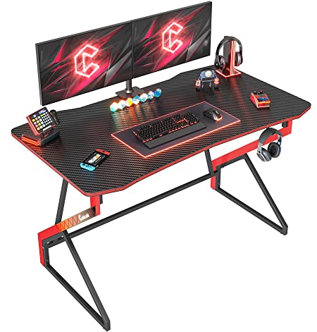 CubiCubi Gaming Tisch 120 x 60 cm, Gaming Schreibtisch mit Kohlefaseroberfläche, Computertisch mit Kopfhörerhaken, Stabiler PC Tisch für Gaming, Kohlefaser Schwarz