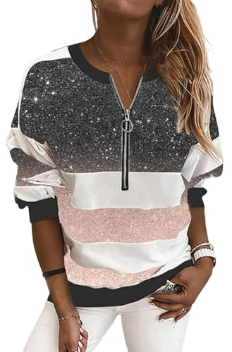 Onsoyours Sweat Femme Zippé Col V Manche Longue Imprimé Rayé Automne Hiver Pullover Sweatshirt Décontracté Ample Lâche Léger Survêtement Sport Pull Blouse Chemisier E Noir M