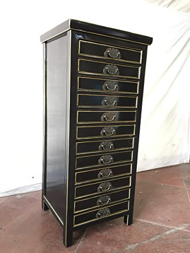 Antiker Dokumentenschrank Apothekerschrank Aktenschrank Kommode 12 Schubladen Höhe103cm Breite 45cm Büroschrank Farbe : schwarz mit Gold