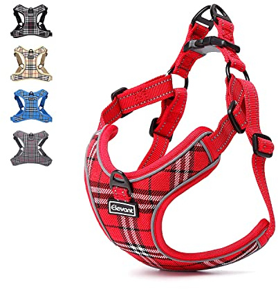 Elevant Arnés Perro Ajustable Reflectante, Arnés Antitirones Suave Acolchado Cómodo Transpirable Arnés Chaleco para Cachorros Perros Pequeños Mediano Grande (XS, Rojo Cuadros)