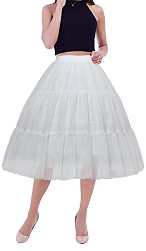 YULUOSHA Women Crinoline Petticoat 3 Hoop Skirt Knee Length Ball Gown Chiffon Underskirt Tutu Half Slips for Wedding Victorian Dress, White, One Size