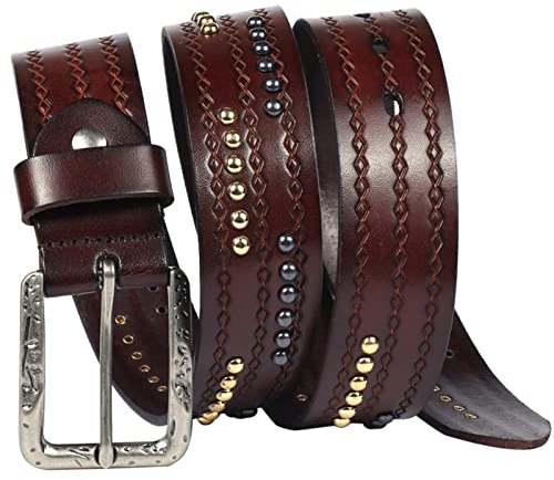 Nietengürtel, Gold&Silber Perlen Nietengürtel für Männer Frauen Punk Rock Style Top 100% Rindsleder Accessoires für Jeans Hosen, 38mm breit,Kaffee,110cm/waist:36~38