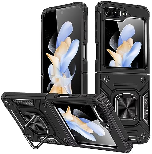 KANSi Funda para Samsung Galaxy Z Flip 5, Capa Anillo iman Soporte Hard PC y Silicona TPU Antigolpes Armor Carcasa - Negro