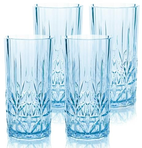 BELLAFORTE Shatterproof Tritan Plastic Drinking Glasses, Set of 4, 18oz - Myrtle Beach Tall Tumbler, Unbreakable Plastic Glasses for Parties, Gifting, New Year - BPA Free - Dishwasher Safe - Blue