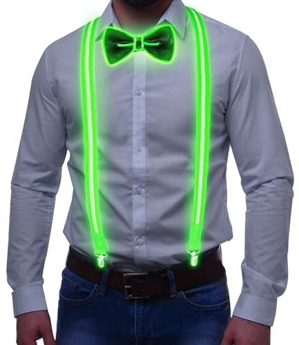 Tulov 2 Stück leuchtende Herren-LED-Hosenträge, mit leuchtender Fliege, LED-Leucht-Hosenträgerfür für Junggesellenabschied Männer und Festival-Gadget(Grün)