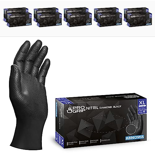 PROGRIP Einweghandschuhe Diamant Grip, Schwarz, Einmalhandschuhe Extra Stark, Nitrilhandschuhe Gr. XL, 2x dicker, Handschuhe Einweg, Arbeitshandschuhe für Werkstatt & Montage, 500 Stück (10x50 Stk)