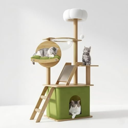 Arbre a Chat Haut 150cm-Avec 1Capsule Spatiale, 1 Maison pour Chat, 1Planche à gratter pour Chat, 1Hamac pour Chat, 1Plateforme de Saut en Peluche,1balle Jouet,1Coussin Vert (Couleur Vert)