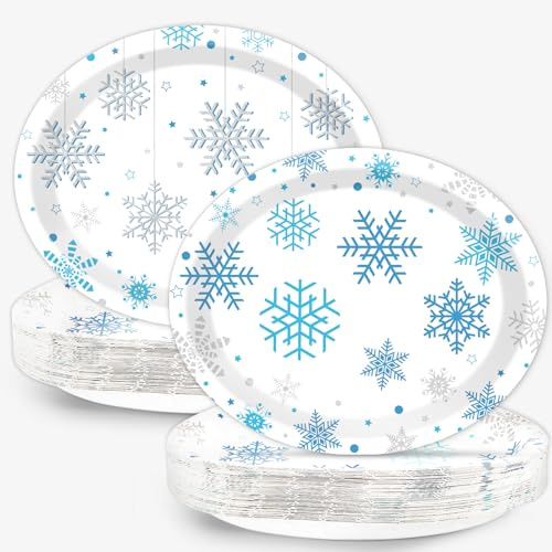 Qyeahkj 50PCS Winter Snow Oval Paper Plates Large 11” Disposable Snowflake Party Decorations Merry Christmas Supplies Favor for Birthday Gathering Party Tableware Set