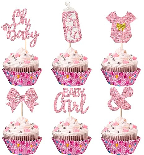 24 Stück It's a Girl Tortendeko Glitzer Schnuller Onesie Jumpsuit Schleife Gender Reveal Cupcke Toppers Welcome Baby Dusche Kuchen Dekorationen für Baby Girl Geburtstag Thema Party Rosa