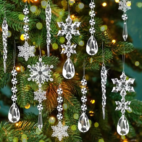 16 Stück Weihnachtsbaumschmuck Ornamente, hängende Acryl Schneeflocke Eiszapfen Tropfen Anhänger, klare Kristall Schneeflocke Ornament Set für Weihnachtsbaum Winter Neujahr Party Supplies
