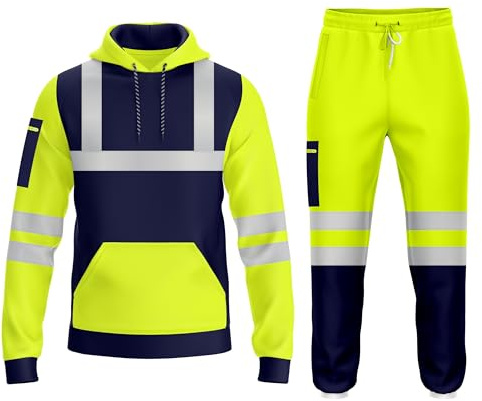 Mens Hi Viz High Visibility Pullover Tracksuit Pockets Drwastring Sweatshirt Hoodie & Jogging Bottom Safety Work Wear Full Set Reflective Joggers