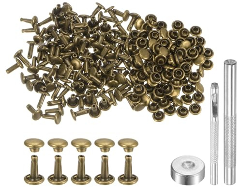 sourcing map Set di 100 rivetti per pelle, 8 x 6 mm, in metallo, a doppio tappo, bottoni a pressione con 3 strumenti di regolazione, rivetti per artigianato in pelle, decorazione fai da te,