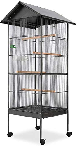 BAZZI Großer Vogelkäfig mit Dach für Papageien, Vogelvoliere für Innen und Außen, Aufzuchtkäfig, Schwarz, 66x66x155 cm, Aus Stahl