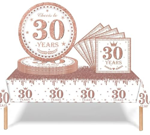 37pcs Rose Gold Birthday Decorations - Party Table Set With Tablecloth, Paper Plates and Napkins for 30th Celebration - Perfect Party Gifts for Women and Adults