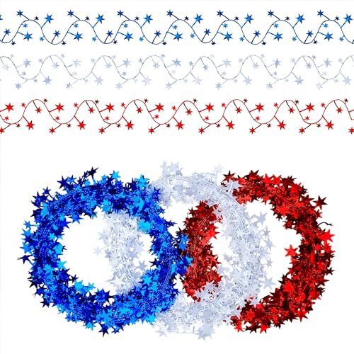 PheiLa 3 Rolls Tinsel Stars Wire Garlands, 26 Feet Red White Blue Star Tinsel Garlands for Wreath Making, Gift Wrapping and DIY Craft Projects