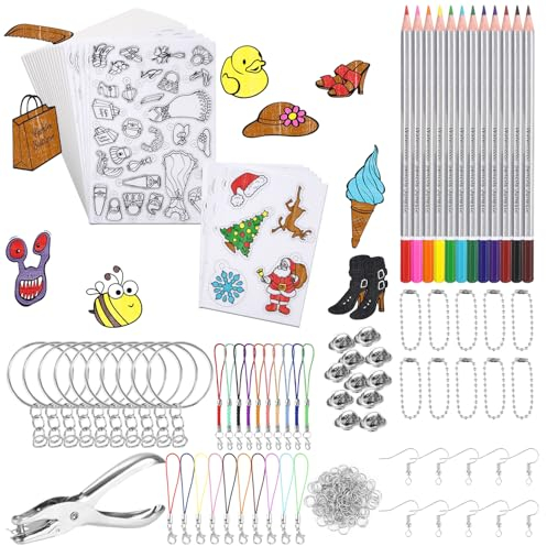 Huifoo 198 Stück Schrumpffolie Set,25 Stück Schrumpffolie zum Basteln mit Schlüsselbundzubehör,Buntstifte,Locher,Schrumpffolie Set für Kinder,zum Heimwerken,Basteln,Abzeichen,Schmuck,Anhänger