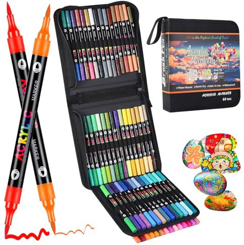 Patamiyar Acrylstifte für Steine 60Pack/120Farben Dual Tip Acrylfarbenmarker Farbstifte Acrylstifte für Felsmalerei Acrylfarbenstifte für Holz, Leinwand, Glas, Papier, Keramik, DIY Fotoalben