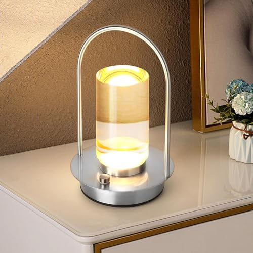 BomKra LED Dimmbare Tischlampe Kabellos, Akku Tischlampe Touch Dimmbar 3 Farbtemperatur Tischleuchte, Tragbare Kristall-Laternen Lampe für Innen und Aussen mit USB-C (Silber)