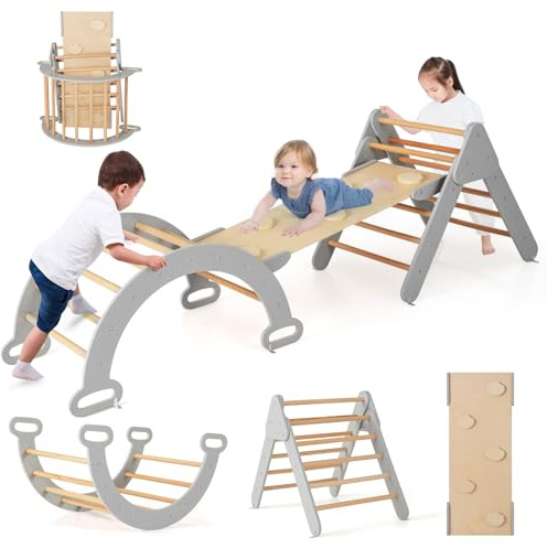 COSTWAY 7 en 1 Triangle d'escalade Montessori Enfants avec Rampe Double Face, Arc d'escalade Montessori en Bois Hêtre avec Toboggan & Échelle, Charge Max 50KG pour Glisser Grimper pour Bébé de 1 an+