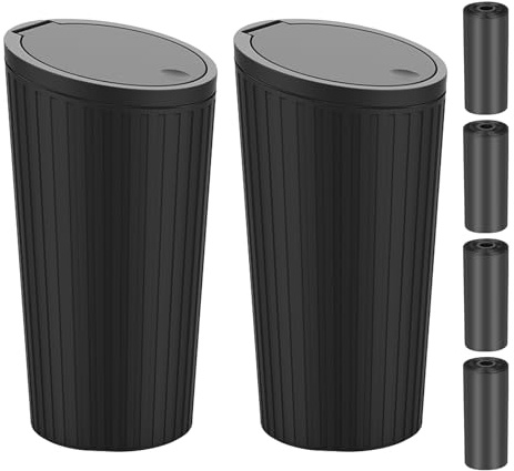 GSDGV Car Trash Can with Lid, Mini Cup Holder Waste Container with 4 Roll Bags for Automotive, Office, Home Kitchen - Black